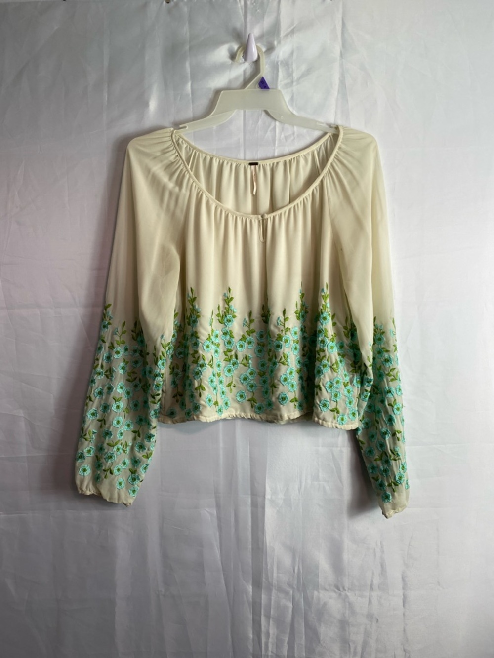 Cream Floral Embroidered Long-Sleeve Peasant Top